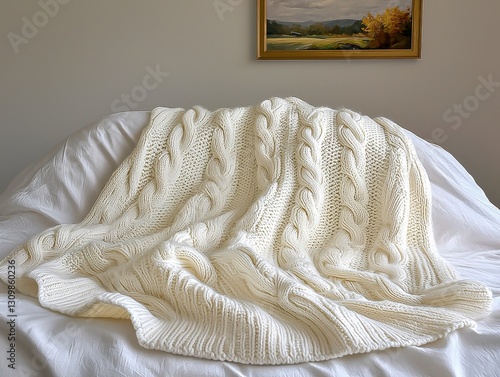 Cosy knit up in a soft white blanket with honed colours, summing warmth and texture to your space, perfect for home decor. photo