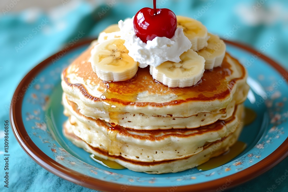 A stack of fluffy banana pancakes is served on a blue plate with a brown rim, set against a teal tablecloth A stack of fluffy banana pancakes is served on a blue plate with a brown rim, set against a teal tablecloth