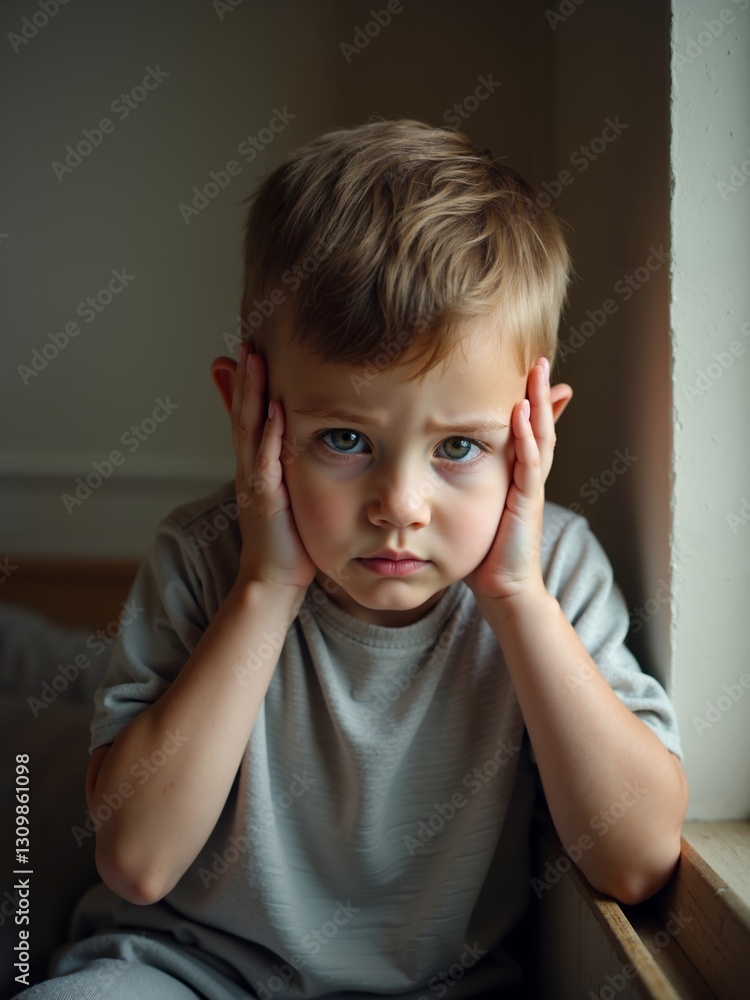 Boy showing distress in quiet home environment after experiencing domestic violence Boy showing distress in quiet home environment after experiencing domestic violence