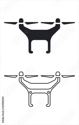 Minimalist drone icon set featuring two variations: a solid silhouette and an outlined version. The simple and clean design makes it ideal for technology, aviation, and drone-related projects.