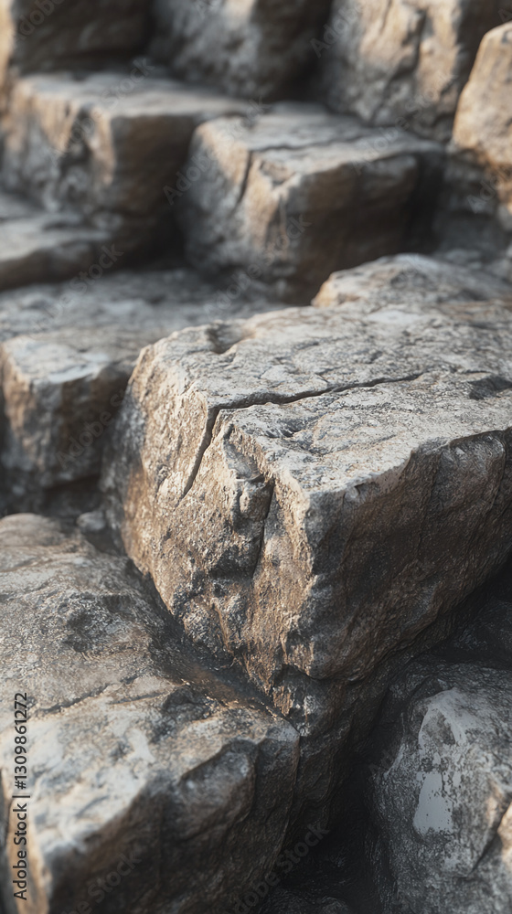 Close-up of rough stone texture, showing grey and brown tones, creating a natural and rugged appearance, showcasing a rocky stairway, ideal for background or design element Close-up of rough stone texture, showing grey and brown tones, creating a natural and rugged appearance, showcasing a rocky stairway, ideal for background or design element