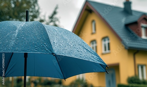 Rainy umbrella protects against wet house backdrop.