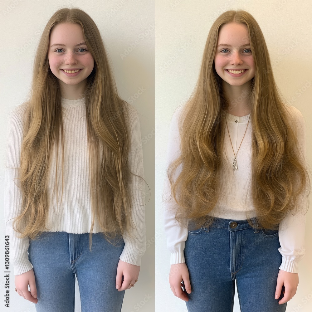 A girl showing off a 'before and after' hair transformation on her Instagram story, with a split-screen effect , isolated on a white background , High quality , No blur A girl showing off a 'before and after' hair transformation on her Instagram story, with a split-screen effect , isolated on a white background , High quality , No blur