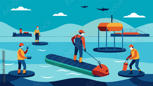 Workers maneuvering inflatable structures for the construction of an underwater aquaculture farm.. Vector illustration
