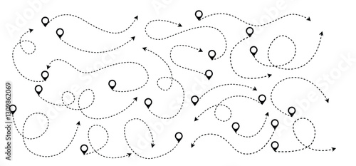 Set of doodle-style, hand-drawn, curved, dotted-line, thin directional arrows, Outline Vector Symbol Illustration