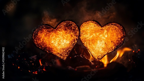 Burning heart shapes in fire, romantic, fiery ambiance, outdoor setting