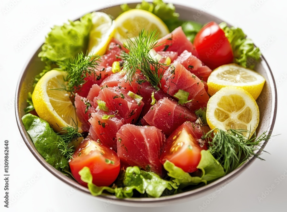 Fresh and Colorful Salad Bowl with Tuna Cubes, Lemon Slices, Cherry Tomatoes, and Green Herbs on a Light Background for Healthy Eating Options Fresh and Colorful Salad Bowl with Tuna Cubes, Lemon Slices, Cherry Tomatoes, and Green Herbs on a Light Background for Healthy Eating Options