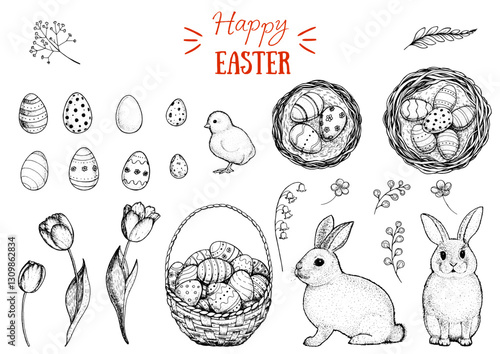 Happy Easter sketch set. Hand drawn elements for design. Easter bunny, Basket of Easter eggs, chicken baby, Easter eggs, spring tulip and branches collection. Retro style sketch.