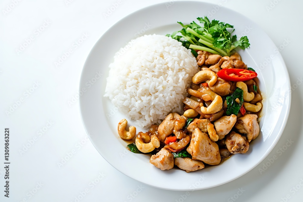 white plate of chicken sauted cashew nuts and rice on white background white plate of chicken sauted cashew nuts and rice on white background