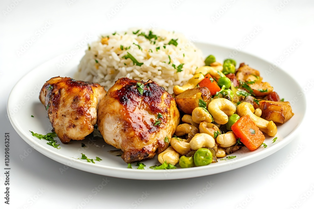 white plate of chicken sauted cashew nuts and rice on white background white plate of chicken sauted cashew nuts and rice on white background