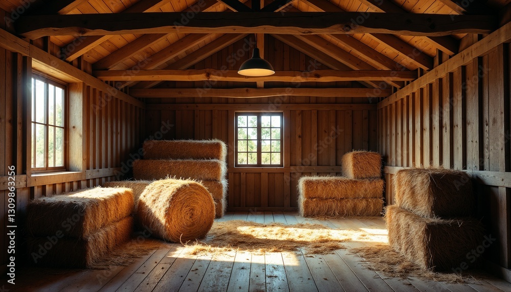 rustic barn interior with a serene mood featuring hay bales and wooden walls