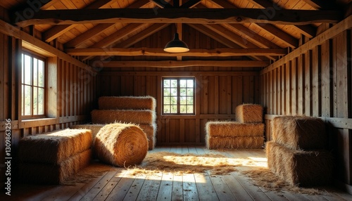 Obraz na płótnie rustic barn interior with a serene mood featuring hay bales and wooden walls w salonie