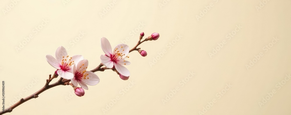 Fototapeta premium Single isolated branch with delicate flowers on cream colored background, single element,