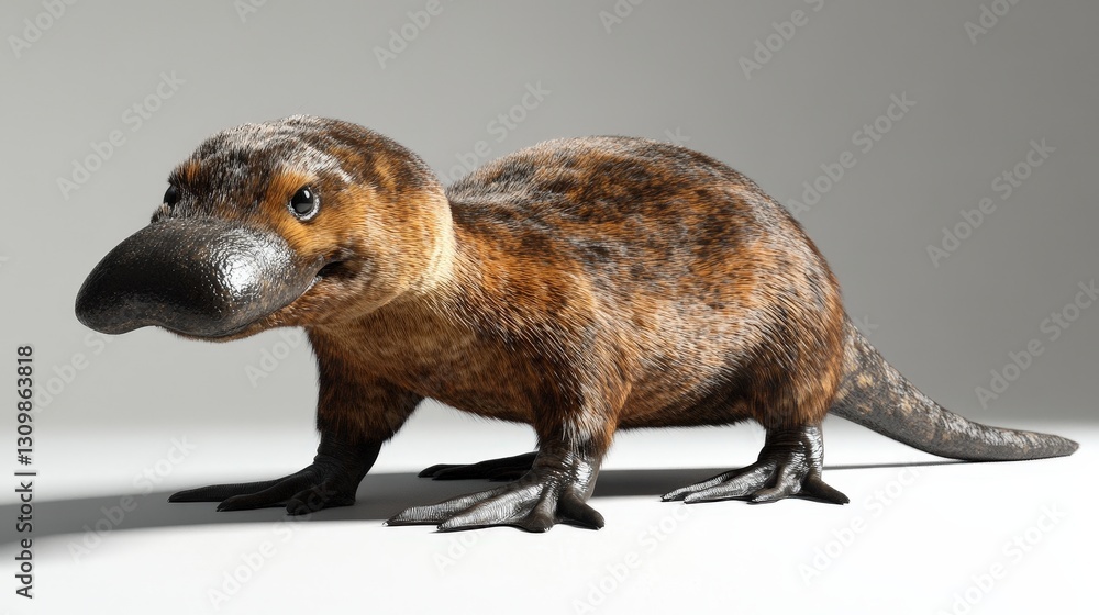 Fototapeta premium A captivating close-up of a platypus’s head, showcasing its distinct bill and beady eyes. With its head tilted left, it exudes an intriguing charm against soft, natural light