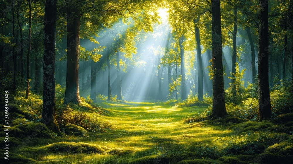 Obraz premium Sunlight streams through a lush forest