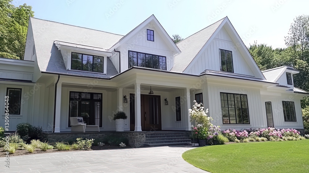 Suburban Farmhouse Exterior, Landscaped Lawn, Sunny Day, Real Estate Listing Suburban Farmhouse Exterior, Landscaped Lawn, Sunny Day, Real Estate Listing