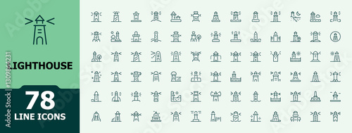 Lighthouse modern icons set. Contains related to searchlight, port, search, sailing, nautical, safe, house, beam. Outline vector. Minimalistic icon collections.