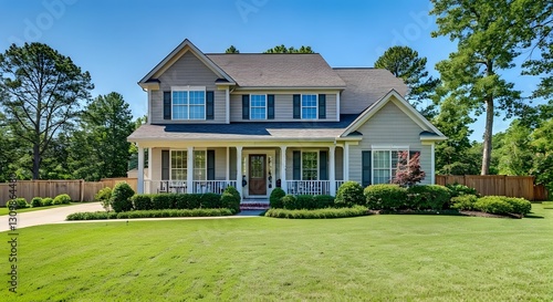  A traditional home with a well-kept lawn and a front porch with rocking chairs.jpg