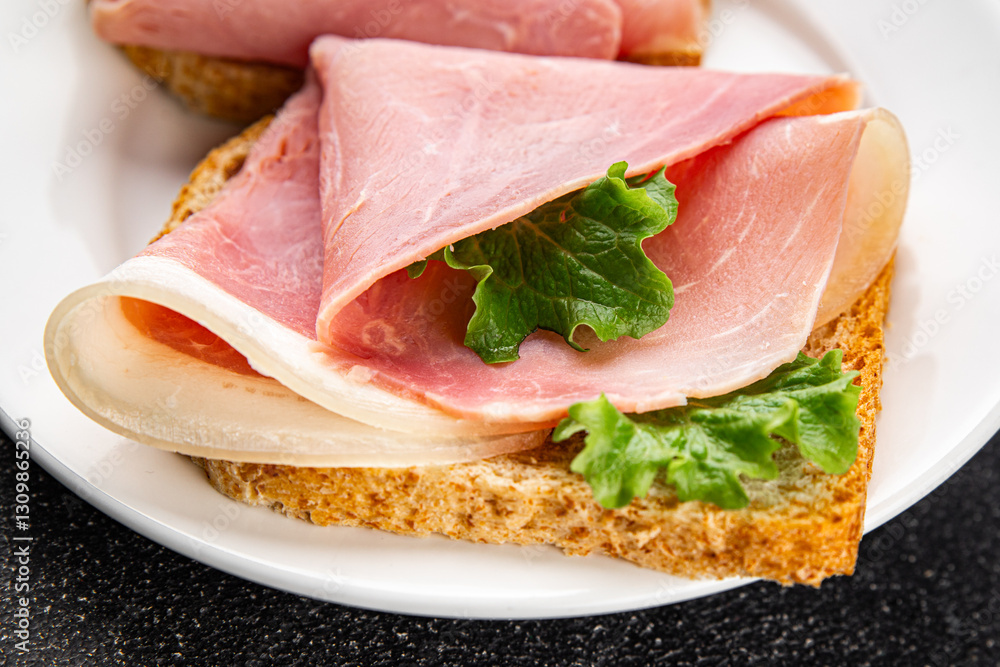 Sandwich ham tasty fresh delicious gourmet food background on table rustic food top view copy space Sandwich ham tasty fresh delicious gourmet food background on table rustic food top view copy space