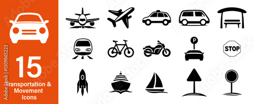 Set of 15 black and white transportation, movement, and road sign icons. Minimalist transportation icon design is suitable for interfaces, infographics, logistics, and travel. Transportation concept