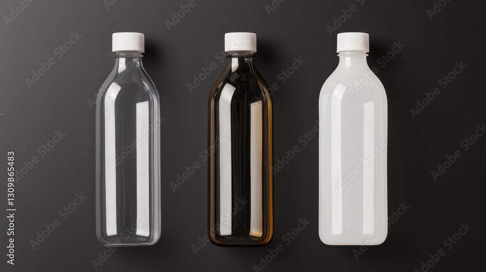 Three Different Empty Bottles on Dark Background for Product Display Three Different Empty Bottles on Dark Background for Product Display