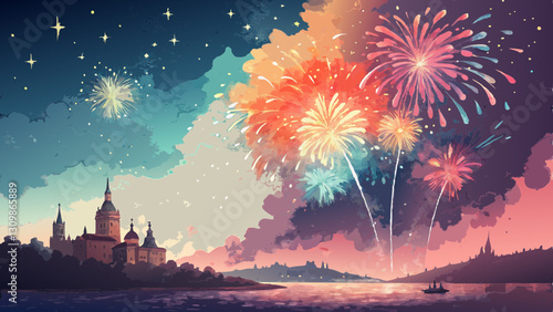 Fiesta fireworks watercolor background, bursts of colorful fireworks illuminating a night sky, exhilarating and festive