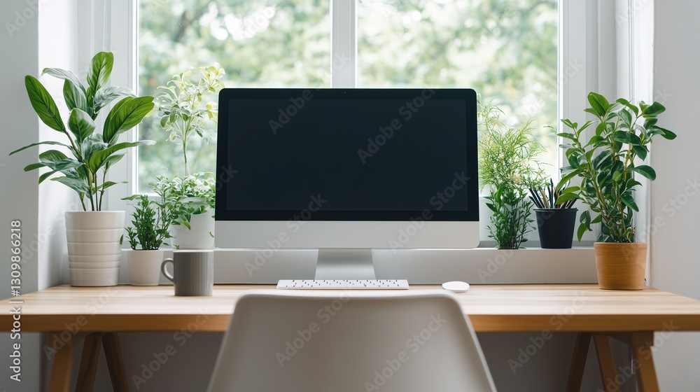 A modern home office setup with dual monitors, ergonomic chair, indoor plants, coffee mug, and a bright, cozy atmosphere, productivity aesthetics A modern home office setup with dual monitors, ergonomic chair, indoor plants, coffee mug, and a bright, cozy atmosphere, productivity aesthetics