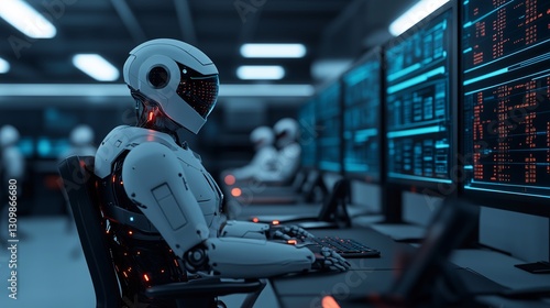 Wallpaper Mural A futuristic office with AI-driven workstations, holographic screens, and robotic assistants, high-resolution, ultra-detailed, professional lighting, cinematic composition, 8K render Torontodigital.ca