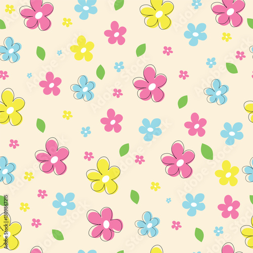 Spring seamless pattern with bright cartoon flowers and leaves. Spring background. Perfect for wrapping paper, scrapbooking paper, and children's textiles.