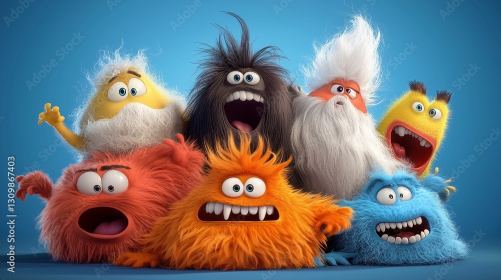 Fototapeta premium Bright, happy, stylish, cool unpredictable colorful monsters in funny situations.