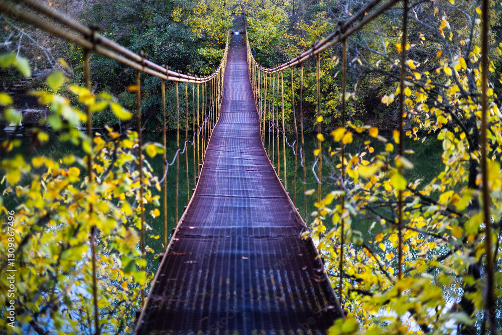 Fototapeta premium A narrow suspension bridge stretches through a lush autumn forest, surrounded by yellow leaves. The rusty metal path, covered with fallen leaves, leads into the distance, creating a mysterious.