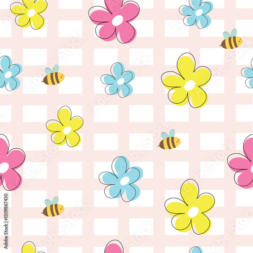 Сute spring seamless pattern with flowers and bees on a lilac checkered background. Spring background. Perfect for wrapping paper, scrapbooking paper, and children's textiles.