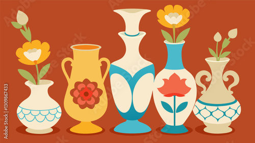 A grouping of antique milk glass vases each one displaying a different flower motif.. Vector illustration