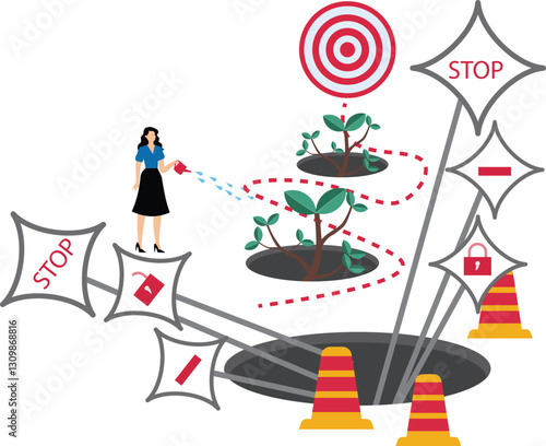 Businesswoman runing with Improve to growth mindset, challenge , achieve goal,opportunity,improve,leadership