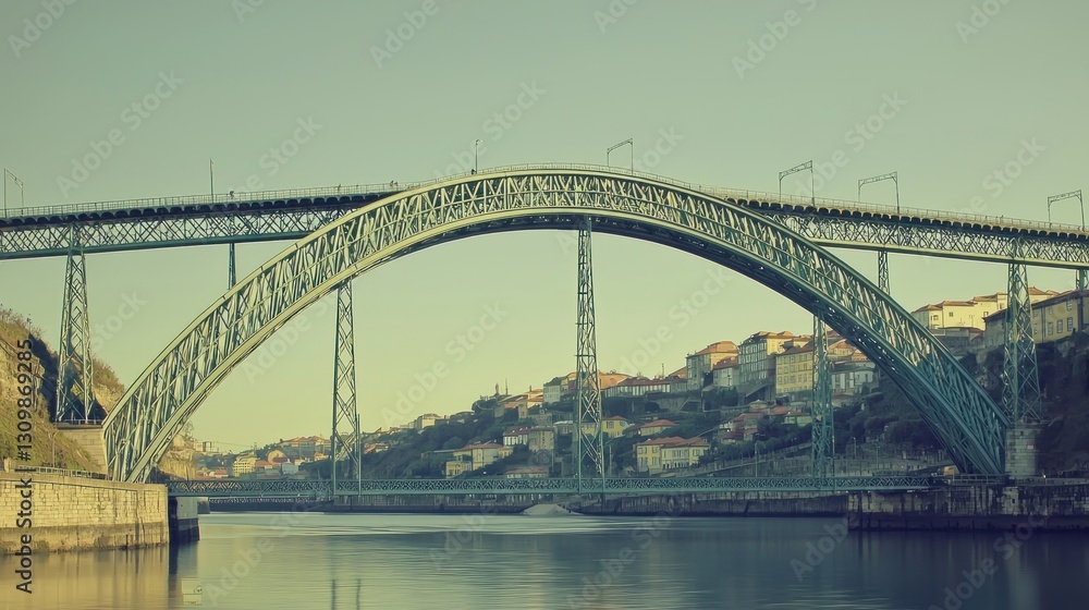 Steel arch bridge over river, city skyline background Steel arch bridge over river, city skyline background