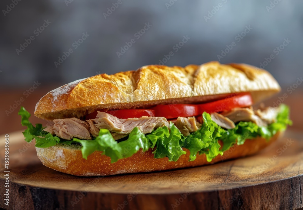 Fresh and Delicious Tuna Sandwich with Crisp Lettuce and Juicy Tomato on a Rustic Wooden Board Fresh and Delicious Tuna Sandwich with Crisp Lettuce and Juicy Tomato on a Rustic Wooden Board