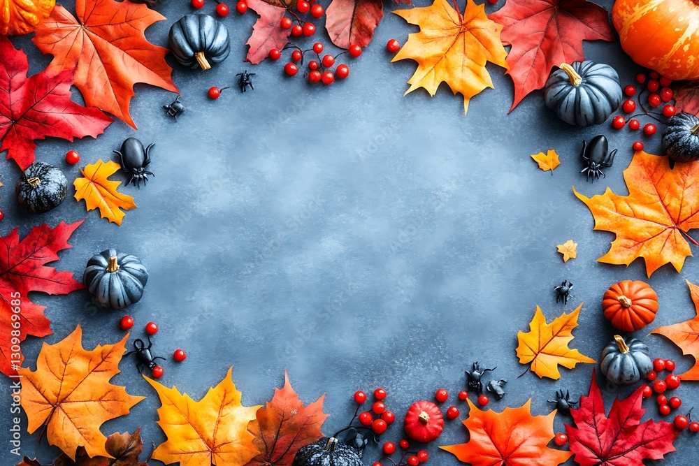 Autumn leaves, pumpkins, berries on grey background, decor Autumn leaves, pumpkins, berries on grey background, decor