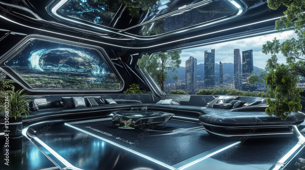 Fototapeta premium Futuristic luxury lounge with city view, interior, and nature background