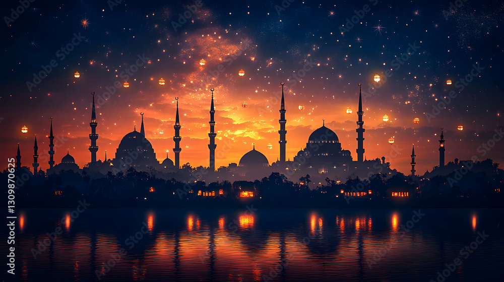 Fototapeta premium Illuminated Mosques at Night Over Water