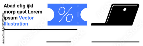 Blue coupon featuring a percentage sign next to a black laptop. Ideal for online shopping, business deals, digital marketing, e-commerce, promotions, technology use, and abstract line flat metaphor