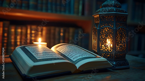 Illuminated Quran in a Library at Night