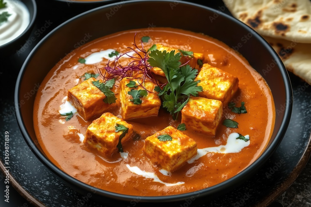 Gourmet Indian Curry - Paneer Butter Masala in a Matte Black Bowl with Elegant Plating and Fine-Dining Aesthetic Gourmet Indian Curry - Paneer Butter Masala in a Matte Black Bowl with Elegant Plating and Fine-Dining Aesthetic