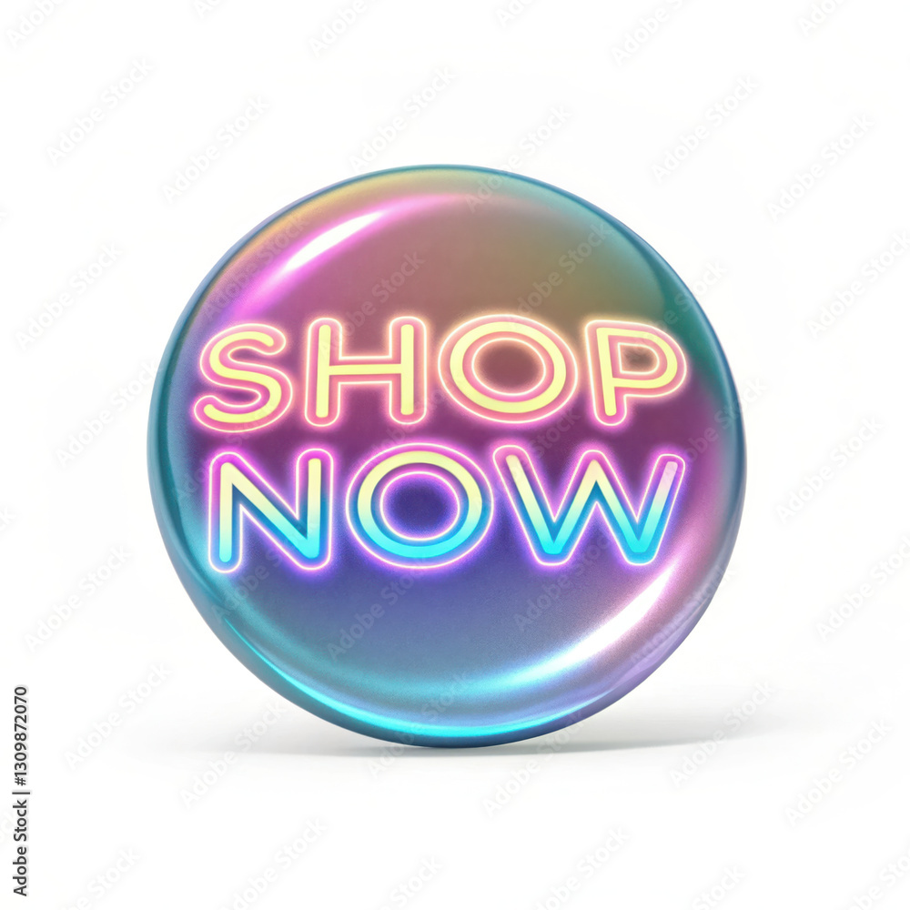 Text sale promotion concept, Shop now button with holographic effect and shiny futuristic design, on white background. Text sale promotion concept, Shop now button with holographic effect and shiny futuristic design, on white background.