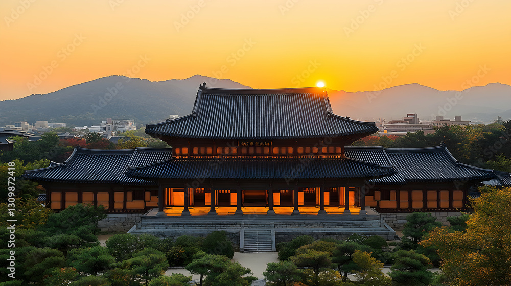 Fototapeta premium Illuminated temple at sunset, mountain backdrop.