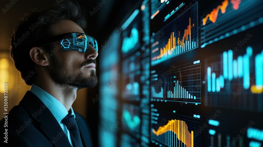 Businessman Analyzing Data Wall with AR Glasses Businessman Analyzing Data Wall with AR Glasses