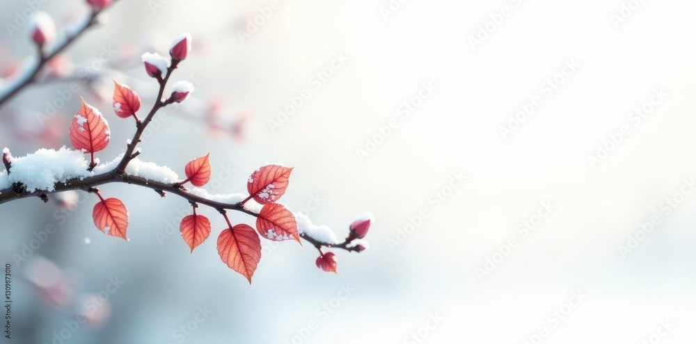 Delicate branches with leaves isolated on white, snowflakes, calm, serene Delicate branches with leaves isolated on white, snowflakes, calm, serene