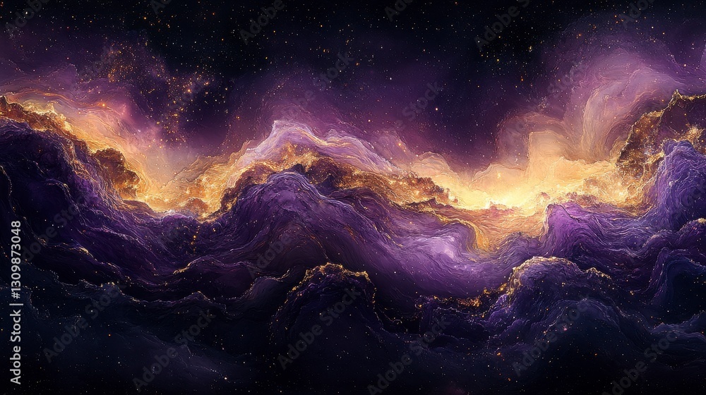 Fototapeta premium Celestial Landscape of Galactic Purple and Soft Rose Nebula with Golden Stars