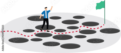 Avoid pitfall Planning and obstacle avoidance concept, business failure, skill and creativity to solve problem with many pitfalls to achieve business success