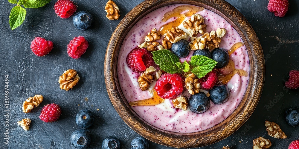 Mixed berry yogurt with walnuts and honey drizzle on a wooden plate Mixed berry yogurt with walnuts and honey drizzle on a wooden plate