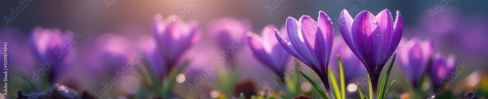 droplets of dew clinging to purple crocus petals, misty, nature, serene droplets of dew clinging to purple crocus petals, misty, nature, serene